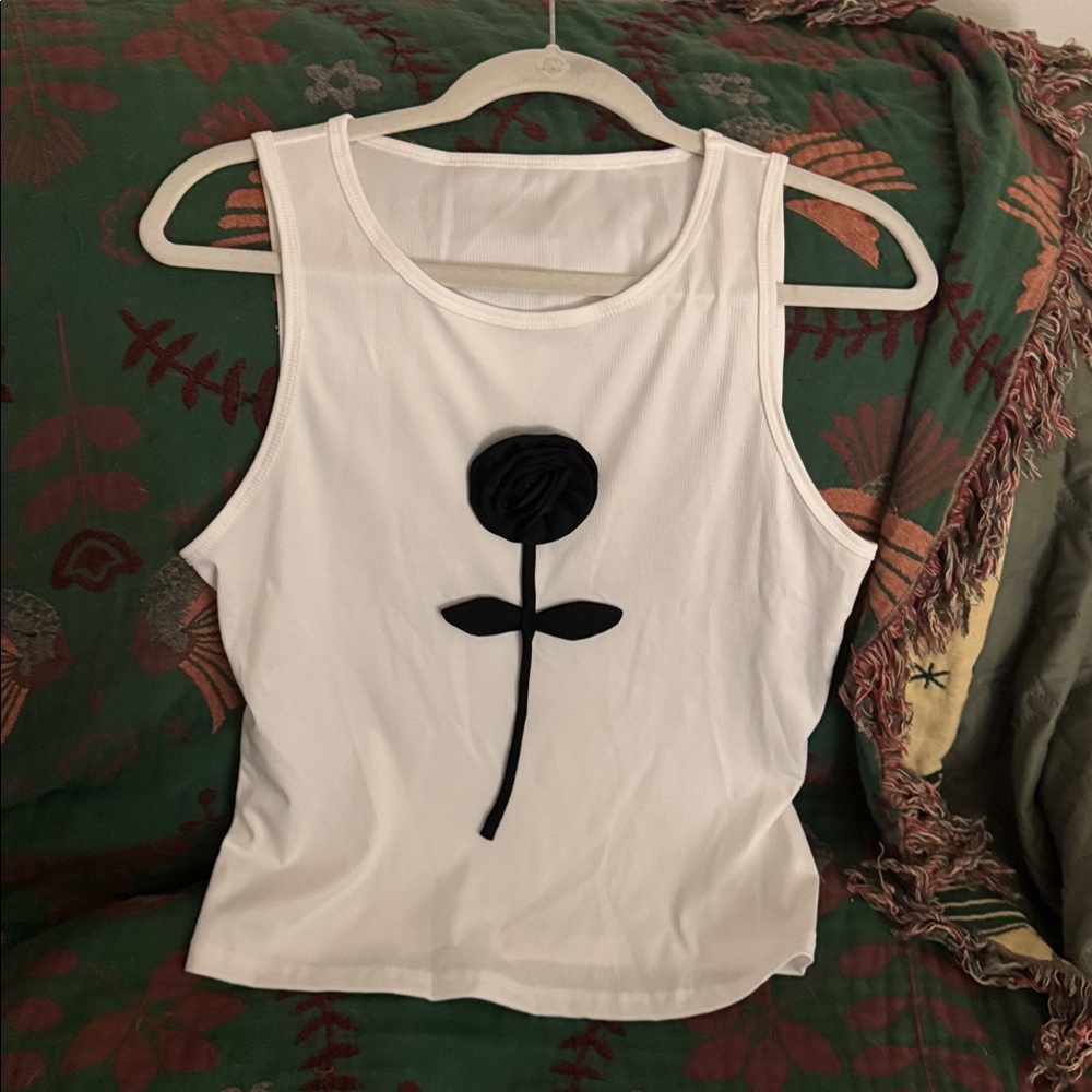 White Stretchy Tank Top with 3D Black Rose Appliqué